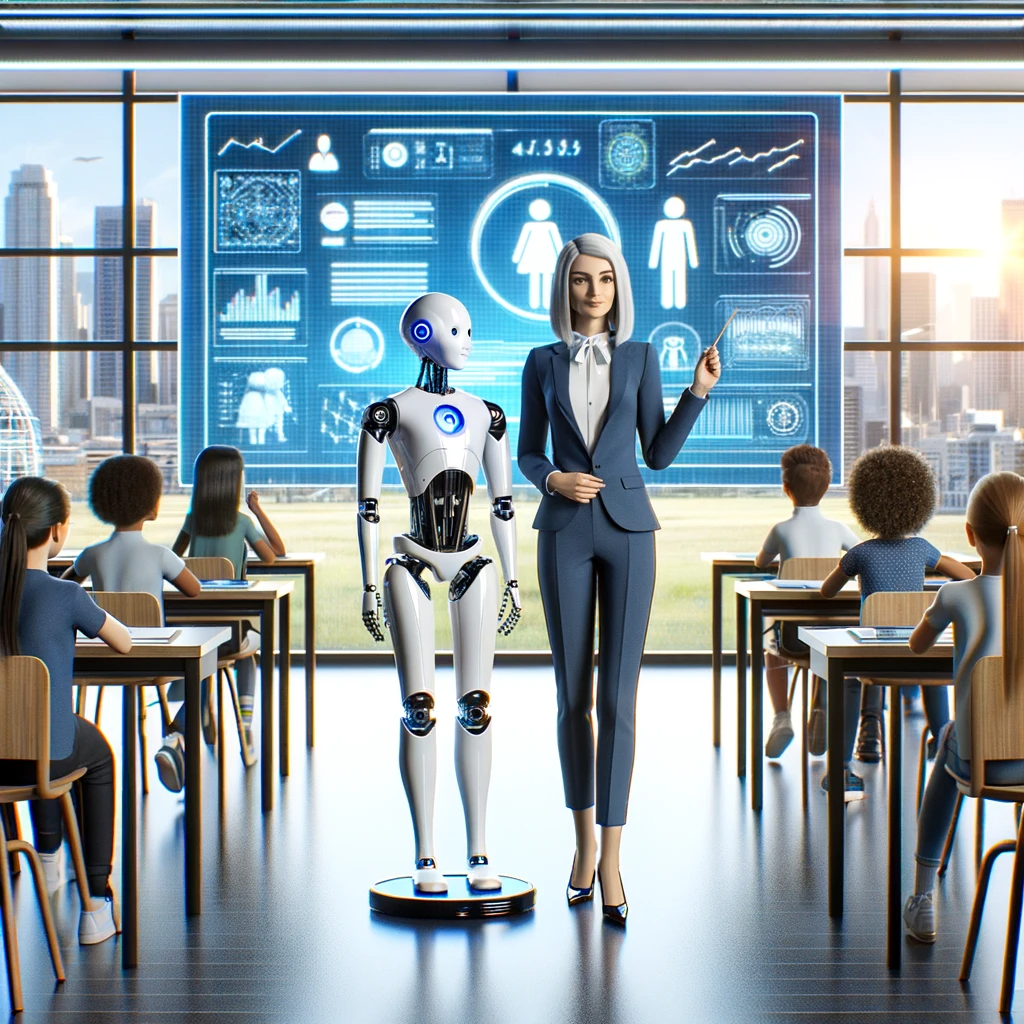 DALL·E 2024-01-14 14.47.58 - An AI teacher and a human teacher standing together in a futuristic classroom setting. The AI teacher is a humanoid robot, sleek and modern, next to a